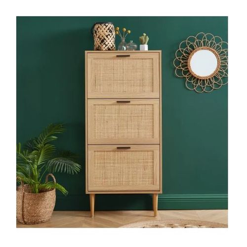 Meuble À Chaussures D'entrée Amana 3 Portes - Décor Bois Et Cannage Naturel - L60cm