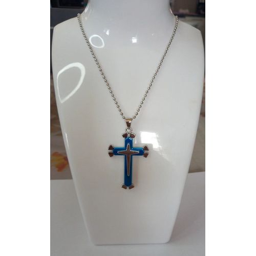 Collier Croix Argente Et Bleu