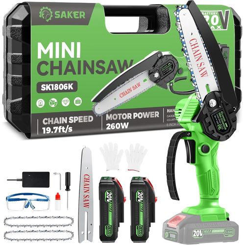 CLOUDDS_Mini Tronçonneuse Électrique De 15,2 Cm Sans Fil Alimentée Par Batterie Adaptée Pour Couper Le Bois,Le Travail Du Bois,Vert 2 Batteries