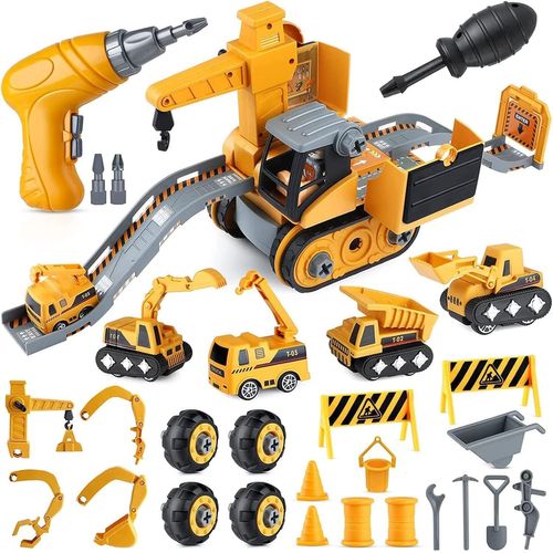 ytseazn-4 En 1 Jouets De Montage Diy,Véhicules De Construction Stem Construction Excavatrice Camion Grue Jouet,Cadeaux Anniversaire Noël Jouets Interactifs De Perceuse Électrique Pour Les Enfants