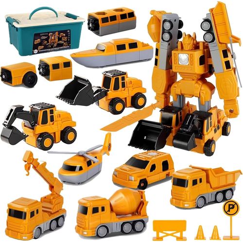 ytseazn-35 Pièces De Véhicules Ensemble De Jouets De Véhicules De Chantier Robot Transformable Magnétique Avec Boîte De Rangement,Blocs De Construction,Jouets Pour Garçons Et Filles Âgés De 3+