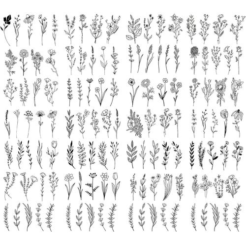 Ytseazn-25 Feuilles Tatouage Temporaire,Faux Tatouage De Branche De Fleur Noire Ligne De Fleur De Lavande Botanique Pour Visage,Cou,Bras,Pieds,Femmes Et Filles(Black) 