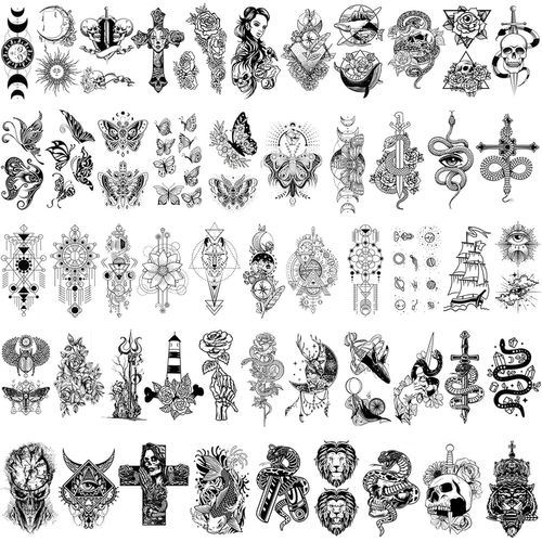 Ytseazn-52 Feuilles Tatouage Ephemere Femme Hommes Adultes Noir,Crâne Papillon Serpent Fleur De Rose Tatouage Temporaire Imperméables Art Tatouage Autocollant Faux Tatouage Femme Hommes Corps Bras Cou 