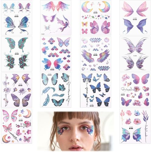 Ytseazn-14 Feuilles Faux Tatouage Papillon Temporaire Pour Visage Autocollant À Paillettes Tatoo Temporaire Maquillage Paillettes Femme Visage Carnaval Tatouages Temporaires D'halloween Pour Visage 
