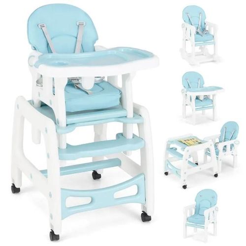 Costway Chaise Haute Bébé Convertible Avec Dossier À 3 Niveaux,4 Roues Universelles Amovibles Plateau Réglable 20kg, 6-36 Mois Bleu