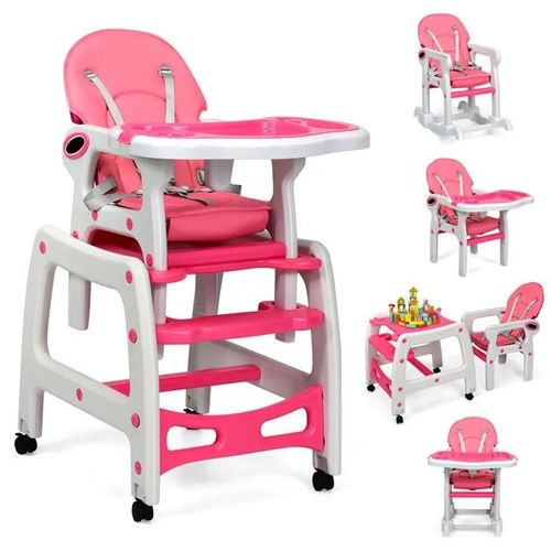 Costway Chaise Haute Bébé Convertible Avec Dossier À 3 Niveaux,4 Roues Universelles Amovibles Plateau Réglable 20kg, 6-36 Mois Rose