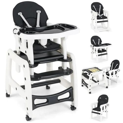 Costway Chaise Haute Bébé Convertible Avec Dossier À 3 Niveaux,4 Roues Universelles Amovibles Plateau Réglable 20kg, 6-36 Mois Noir