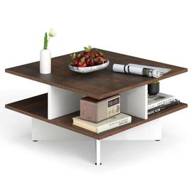 Costway Table Basse Carrée À 2 Niveaux, Table Basse Salon 60 Cm Avec 4 Compartiments De Rangement, Base En Croix, Marron Rustique