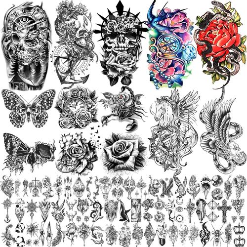 Ytseazn-70 Feuilles Tatouages ¿¿Temporaires,10 Feuilles À Demi-Manches Squelette Papillon Rose Serpent Aigle Faux Tatouages ¿¿Pour Adultes,60 Feuilles Petits Tatouages ¿¿Temporaires Pour Hommes Femmes 