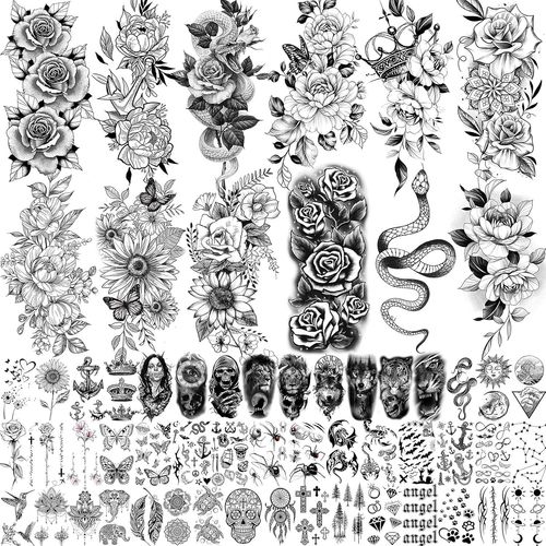 Ytseazn-59 Feuilles Sexy 3d Rose Fleur Tatouage Ephemere Femme Filles Bras Cou,Serpent Floral Tournesol Pivoine Faux Autocollant Tatouage Temporaire Adulte,Noir Réaliste Tatouages Pissenlit Papillon 