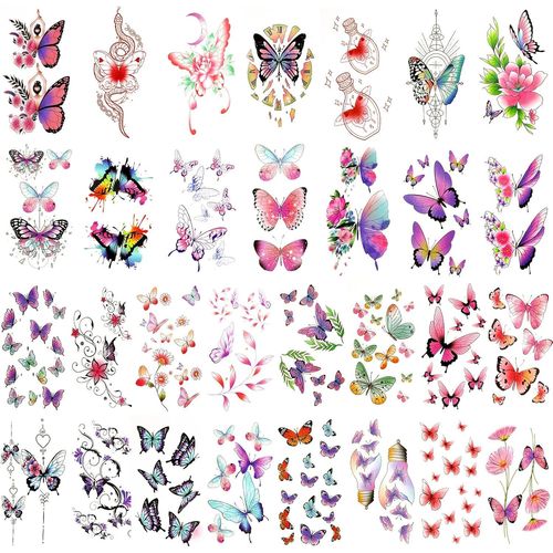 Ytseazn-30 Feuilles Tatouage Ephemere Femme,Colorés Tatouage Papillon Faux Tatouage Femme Imperméables Temporary Tattoo Butterfly Tatouage Temporaire Papillon Tatouage Enfant Fille Femme Et Adultes 