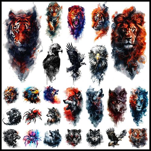 Ytseazn-Lot De 25 Tatouages ¿¿Temporaires De Bêtes Pour Hommes Adultes : 12 Tatouages ¿¿Aquarelles,Bras,Lion,Loup,13 Tatouages ¿¿Tigre Et Aigle Pour Hommes 