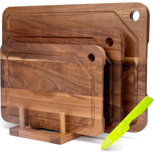 Ytseazn-Set De 3 Planches À Découper En Bois D'acacia Avec Rainure Pour Jus,Facile À Suspendre,Support Et Couteau À Fruits Offerts,Planche À Découper Double Face Pour Viande,Légumes Et Fromage.