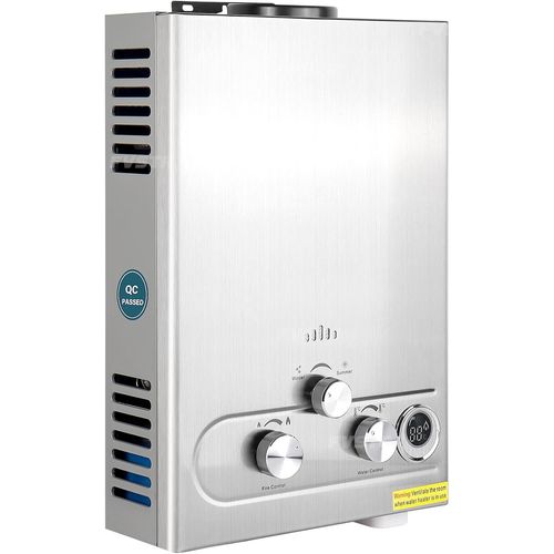 Chauffe eau sans réservoir Propane, 1.45GPM 6L chauffe-eau instantané Portable pour une utilisation en extérieur dans les vr, camping-cars, remorques, cabines, Point d'utilisation de granges - Argent