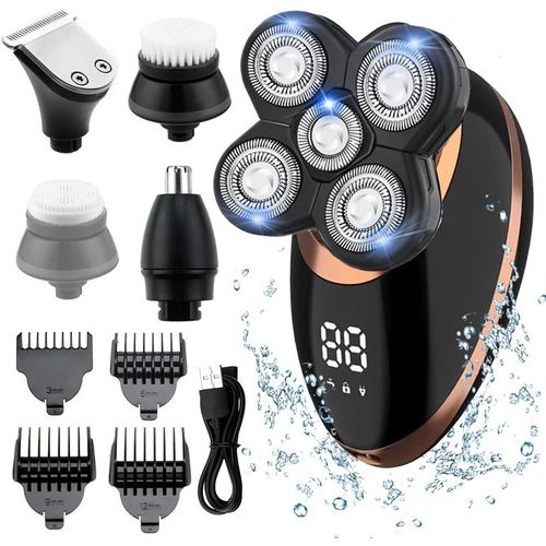 Mondodigitale-Rasoir Électrique Homme, Tondeuse Cheveux Sans Fil 5 En 1 Kit 100% Étanche,5 Têtes De Rasoir/Tondeuse À Nez/Brosse De Nettoyage,Avec Affichage Lcd (D'or)