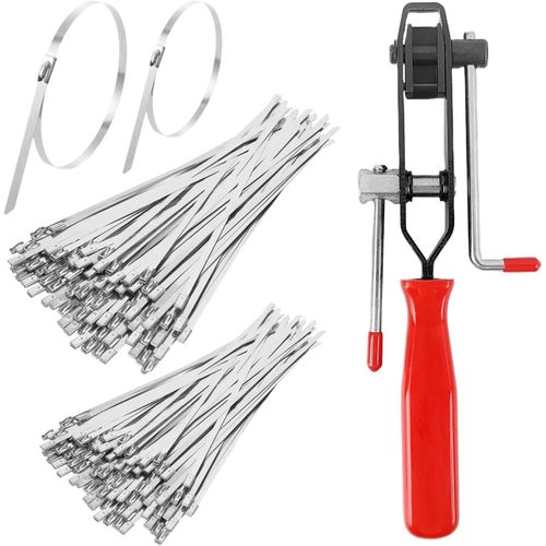 MONDODIGITALE-200 Pièces Attache Cable En Acier Inox Avec Pistolet À Soufflet De Cardan, 4,6 X 200/300Mm Serre-Câbles Acier Autobloquant Serre Flex Metal, Pince Collier Cardan, Pince À Sertir (1)