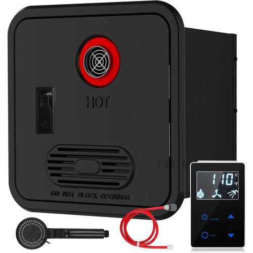 Chauffe - eau sans réservoir RV, douche instantanée, DC 12V, performance optimale en hauteur, multi - usages avec porte et télécommande, idéal pour une utilisation quotidienne en camping - car (Noir)
