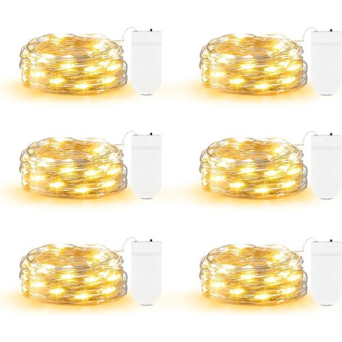 Lot De 6 Batterie 2M 20 Led Fil Argent Étanche Micro Pour Bocaux Mason Diy Fête Mariage Noël Décoration De Table (Blanc Chaud)[H418]