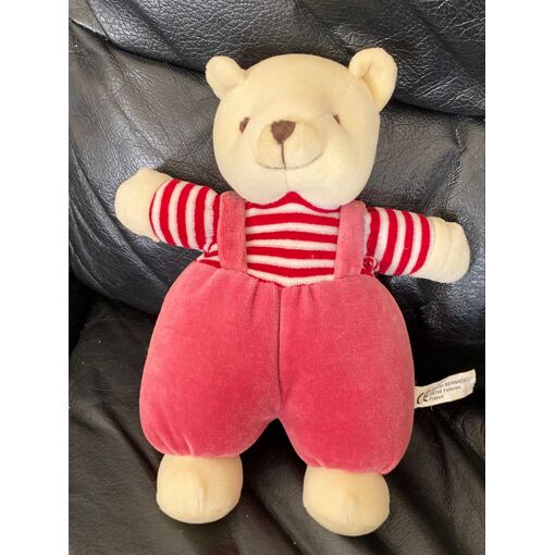 Doudou Peluche Ours Grelot Luc Bernaert Beige Rose Rayé Rouge 21 cm