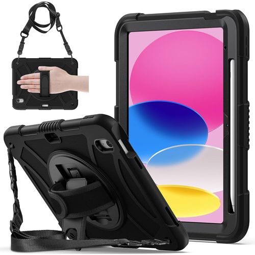 Coque Antichoc Pour Ipad 11ème/10ème Génération (2025/2022), 11/10.9 Pouces, Étui Armure Robuste Avec Support Rotatif, Dragonne Et Bandoulière, Porte-Stylet, Coque Pour Ipad 11ème A16, Noir
