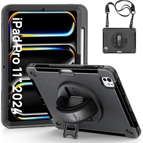 Coque Antichoc Pour Ipad Pro 11 Pouces M4 (2024, 5ème Génération), Étui Armure Robuste Avec Support Rotatif, Dragonne Et Bandoulière Réglable, Porte-Stylet, Housse Pour Ipad Pro 11 2024, Noir