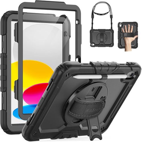 Coque Pour Ipad (A16)11ème/10ème Génération 2025/2022 11/10.9 Pouces, Coque Ipad 10eme Generation, Étui Antichoc Avec Protection D'écran, Support Rotatif À 360°, Porte-Crayon, Bandoulière, Noir