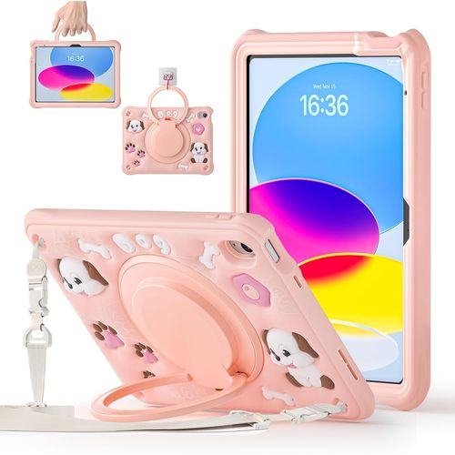 Coque Enfant Pour Ipad 11ème (A16) / Ipad 10ème Génération, 11/10,9 Pouces, (2025/2022), Étui Armure Robuste Avec Poignée Annulaire, Support Pivotant, Dragonne Et Bandoulière Réglable, Rose