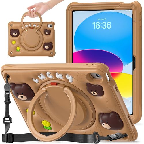 Coque Enfant Pour Ipad 11ème (A16) / Ipad 10ème Génération, 11/10,9 Pouces, (2025/2022), Étui Armure Robuste Avec Poignée Annulaire, Support Pivotant, Dragonne Et Bandoulière Réglable, Marron