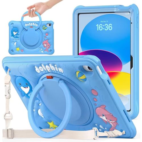 Coque Enfant Pour Ipad 11ème (A16) / Ipad 10ème Génération, 11/10,9 Pouces, (2025/2022), Étui Armure Robuste Avec Poignée Annulaire, Support Pivotant, Dragonne Et Bandoulière Réglable, Bleu