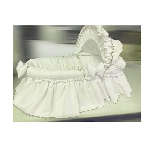 Couffin + Support Pied Berceau Rotin Blanc Bois Massif Corbeille Nacelle Lit Bébé Nouveau Né A 6 Mois Romantic Linge Habillage Coton Matelas Repos Securite Voyage Douillet 85cm Puériculture Nougat
