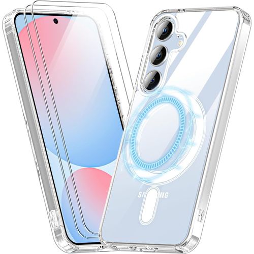 Coque Magnétique Pour Samsung Galaxy S25 5g Avec 2 Verre Trempé,Compatible Avec Magsafe ,Transparent - Hqselection®