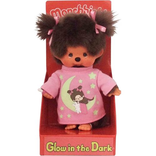 Kgabery-Fille Monchhichi Originale, En Peluche Marron, Avec Chemise De Nuit Rose, Éléments Phosphorescents Et Nattes Avec N?uds, Hauteur 20 Cm Environ.