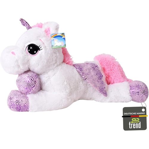 Kgabery-Cheval En Peluche Licorne Allongée 60Cm Rose Ou Blanc Avec Mauve Applications Et Aile-Blanc