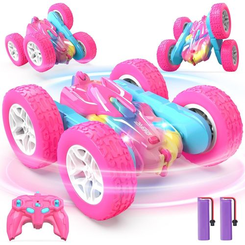 Kgabery-Rc Voiture Telecommandé, 4Wd Rose Voiture Telecommandé Enfant Fille, Rc Stunt Voiture Jouet 360° Flip Rotatif Et Lumière, Jouet Cadeau Fille 3-12 Ans