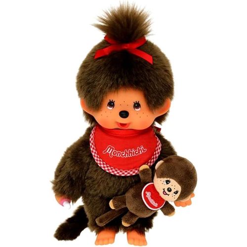 Kgabery-Peluche Originale Monchhichi Fille Avec Mini Monchhichi Avec Bavoir Rouge Et N?ud Dans Les Cheveux, Env. 20 Cm En Peluche Marron