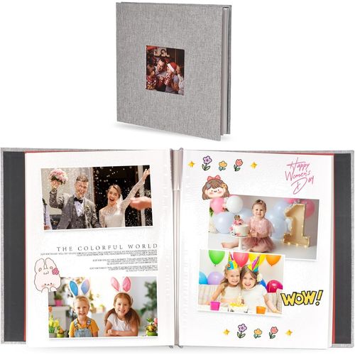 Album Photo Adhésif, Livre Photo Lin 40 Pages, Album Photo Scrapbooking avec Espace d'écriture et Fenêtre d'Affichage, Idéal pour Album Naissance, Famille, Voyage, Mariage,Livre d'o -28 x 27cm(Gris)