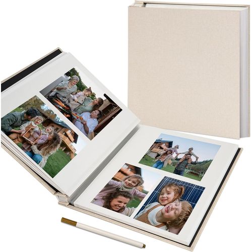 Album Photo Adhésif Scrapbooking 40 Pages en Lin Relié 28x27 cm avec Un Stylo Métallique pour Mariage Bébé Famille Voyage Beige