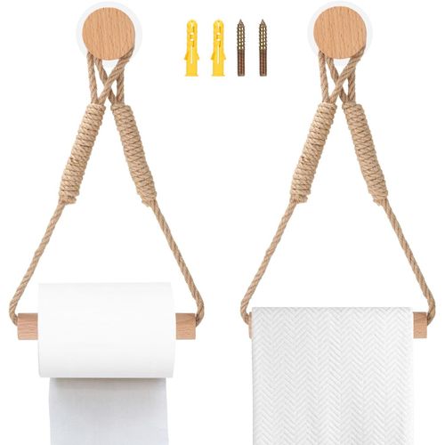 Porte Papier Toilette Mural en Bois et Corde, Support Serviette Salle de Bain sans Percage, Ensemble de Mouchoirs Rustiques Porte-Papier, Accessoires de Salle Bain de Style Industriel