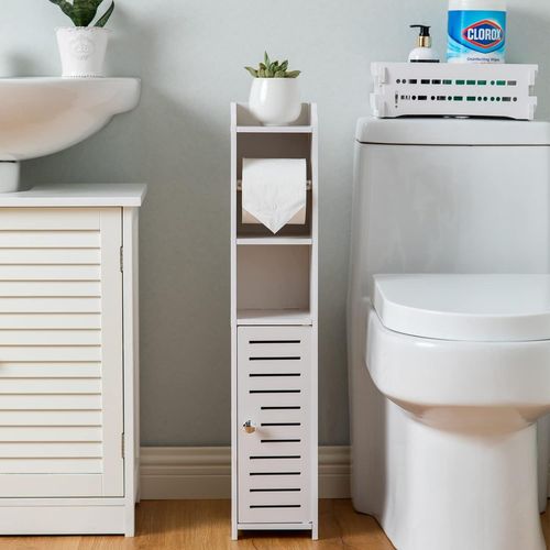 Porte-papier toilette, Colonne avec porte-rouleau de papier, support de rouleau et porte-brosse de toilette 2 en 1, meuble de salle de bain, blanc fabriqué (blanc), PVC