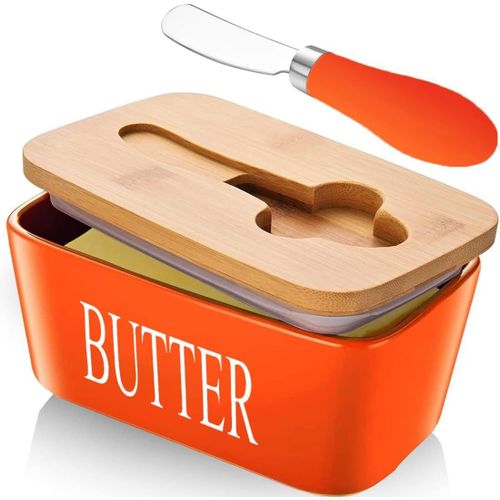 Beurrier En Céramique Avec Couvercle Et Couteau, Récipient À Beurre En Porcelaine Avec Coupe-Beurre, Couteau À Beurre Facile À Étaler, Accessoires De Cuisine, Vaisselle (Orange)