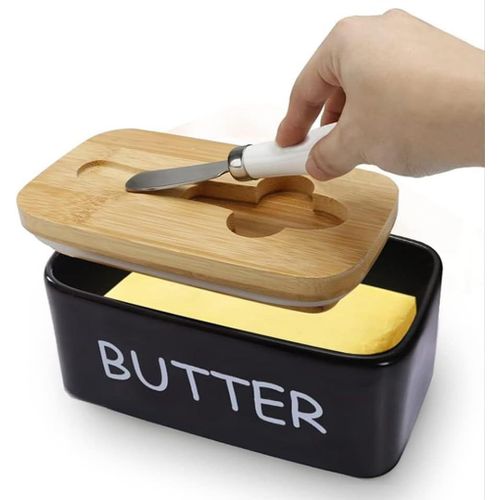 Beurrier En Porcelaine Avec Couvercle Hermétique, Couteau À Beurre En Acier Inoxydable Et Beurrier Couvert, Parfait Pour La Fête Des Mères (Noir)