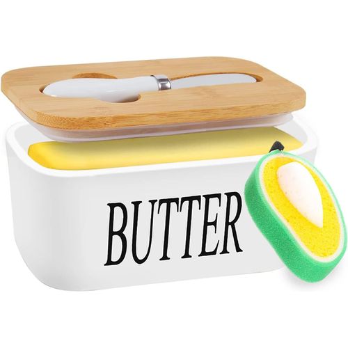 Beurrier En Porcelaine,Boîte À Beurre Avec Couvercle En Bambou+Couteau À Beurre+Éponge De Nettoyage, Pour Placer Du Beurre Du Fromage Fruit Salade-16.5 * 10 * 7.5cm