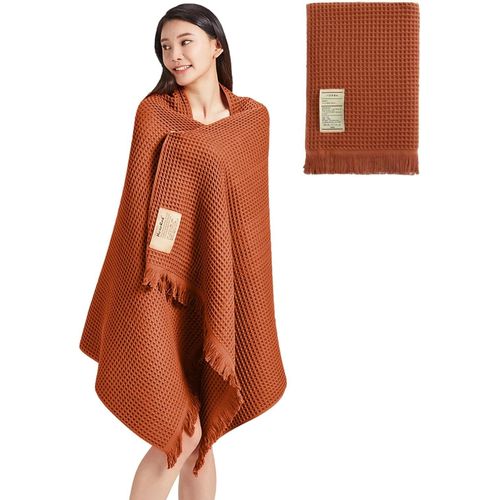 Shiba-Coton Pur Gaufré Serviette De Bain Séchage Rapide Douceur 180x90cm Drap De Bain Grande Châle À Pompon Sn079108 Marron[3976]