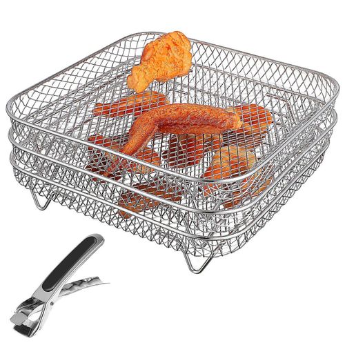 3 grilles empilables en acier inoxydable pour friteuse à air avec pince ¿ Déshydrateur multicouche pour une cuisine saine
