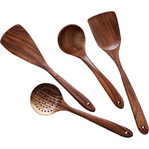 Ensemble D'ustensiles De Cuisine Haut De Gamme En Bois De Teck, 4 Pièces - Ustensiles De Cuisine Antiadhésifs, Faits Main Et Respectueux De L'environnement