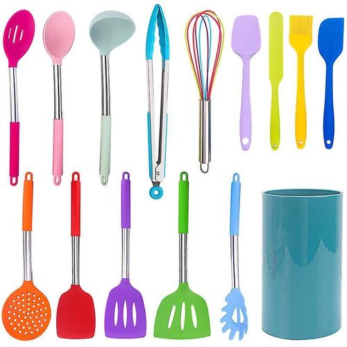 Ensemble D'ustensiles De Cuisine En Silicone 15 Pièces Avec Poignées Et Support En Acier Inoxydable - Résistants À La Chaleur Et Lavables Au Lave-Vaisselle