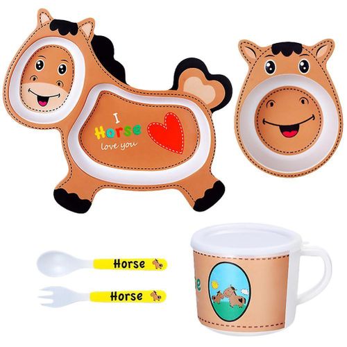 Service De Table Durable Pour Enfants : Assiette, Bol, Tasse, Cuillère Et Fourchette En Fibre De Bambou ; Design Amusant Pour Les Repas.