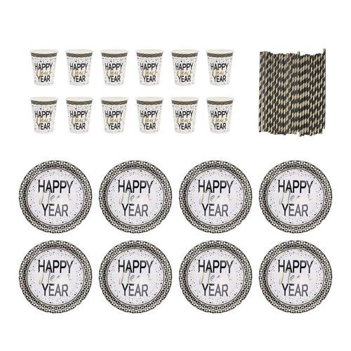 Service De Table Jetable Haut De Gamme - 45 Pièces Pour Fêtes, Assiettes, Gobelets Et Pailles Inclus - Design Écologique Noir Et Or