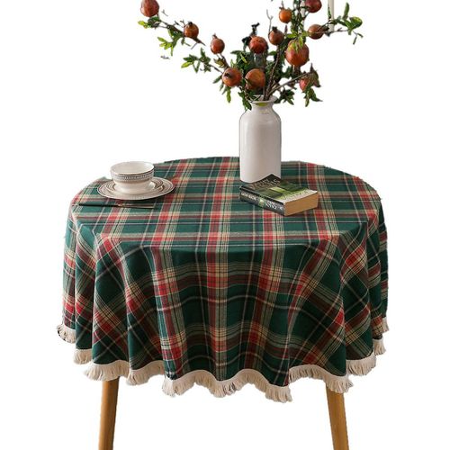 Nappe De Noël Ronde 59"" - Motif Écossais Rouge Et Vert - Durable, Facile D'entretien, Idéale Pour Une Décoration Festive