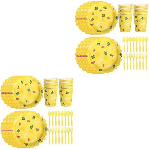 Service De Table Jetable Hawaïen Pour Fêtes D'anniversaire : Assiettes, Gobelets, Fourchettes Et Cuillères ¿ Design Jaune Vif